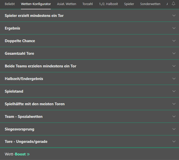 Bet365 Wettkonfigurator Fußball Wettauswahl