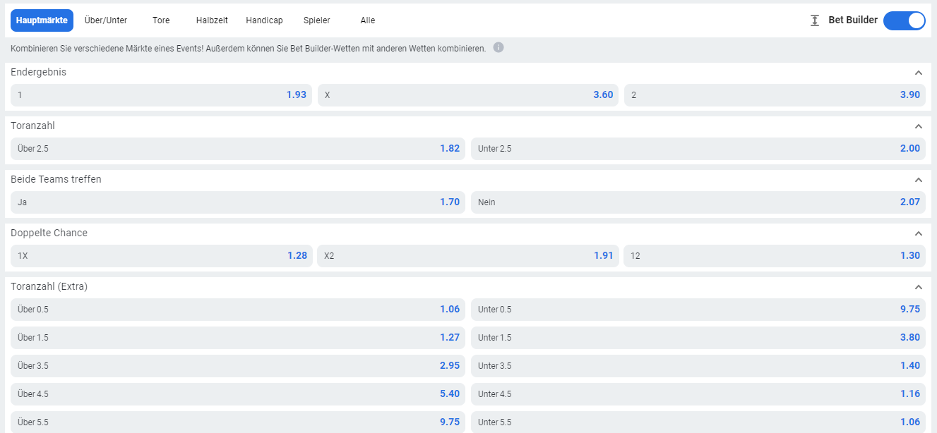 Betano Bet Builder Wettauswahl Fußball