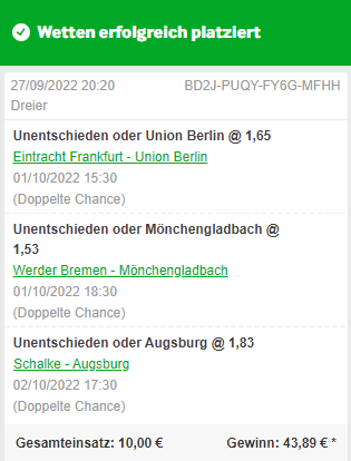Wettschein Doppelte Chance Betway